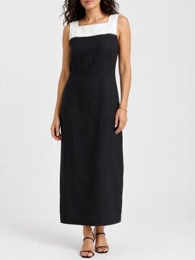 Talbots 100% Irish Linen Black Ivory Colorblock Sheath Dress 6 Vintage Minimalis